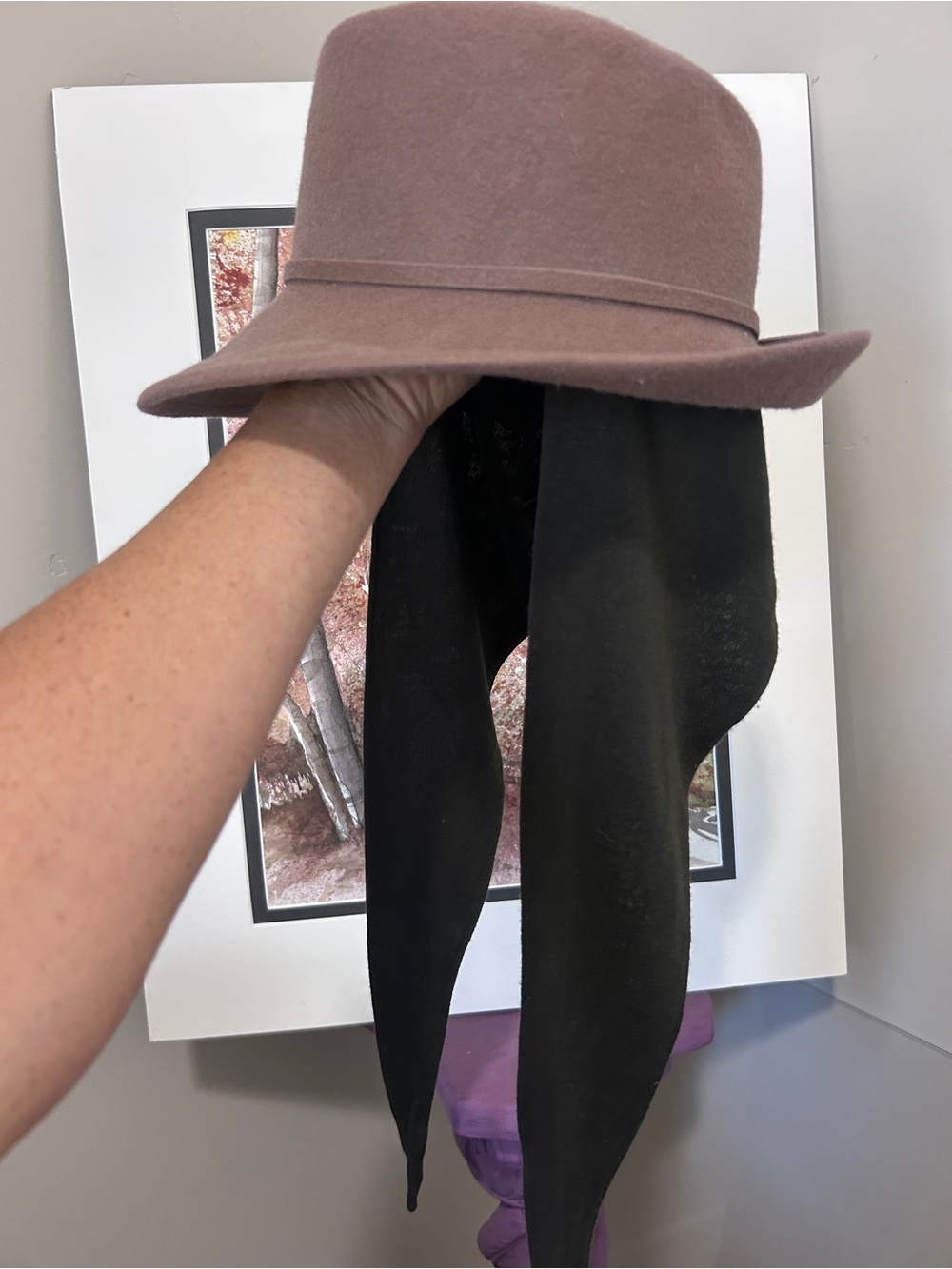 Women's brown tan wool Hat with Scarf Accent